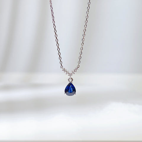 Mini Pear Natural Blue Sapphire V shape Minimalist necklace 18K solid gold with Diamond