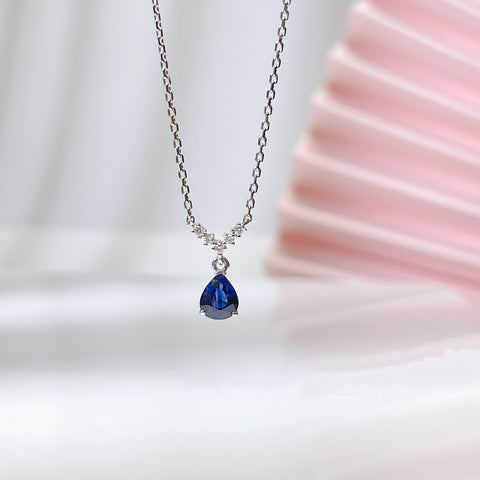 Mini Pear Natural Blue Sapphire V shape Minimalist necklace 18K solid gold with Diamond