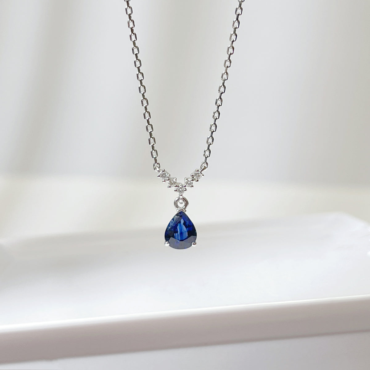 Mini Pear Natural Blue Sapphire V shape Minimalist necklace 18K solid gold with Diamond