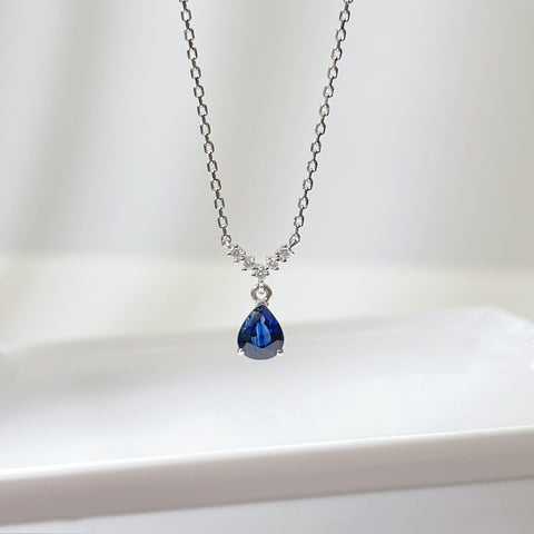 Mini Pear Natural Blue Sapphire V shape Minimalist necklace 18K solid gold with Diamond