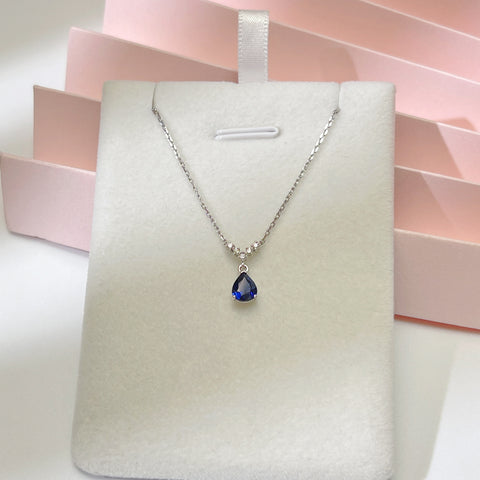 Mini Pear Natural Blue Sapphire V shape Minimalist necklace 18K solid gold with Diamond