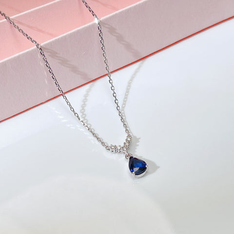Mini Pear Natural Blue Sapphire V shape Minimalist necklace 18K solid gold with Diamond