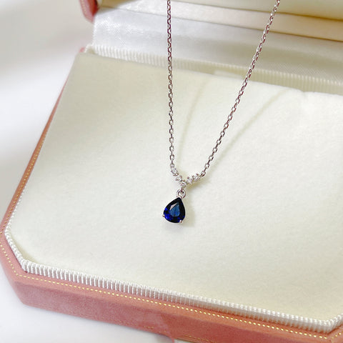 Mini Pear Natural Blue Sapphire V shape Minimalist necklace 18K solid gold with Diamond