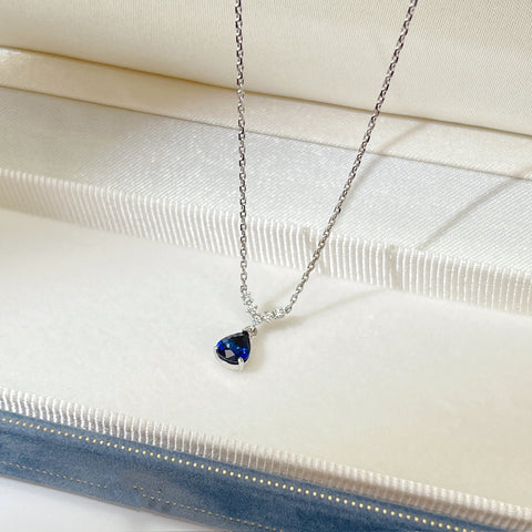 Mini Pear Natural Blue Sapphire V shape Minimalist necklace 18K solid gold with Diamond