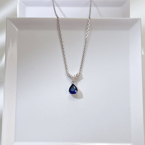 Mini Pear Natural Blue Sapphire V shape Minimalist necklace 18K solid gold with Diamond