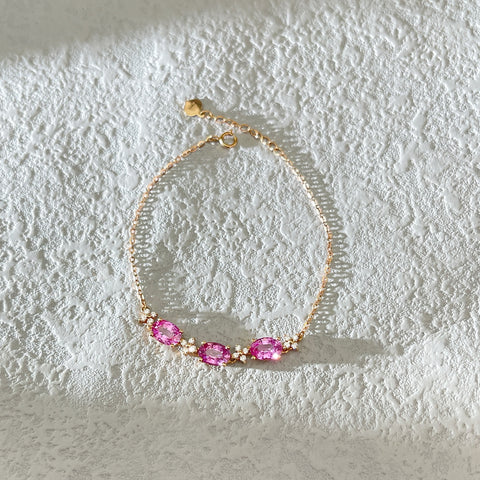 Three stone Pink Sapphire Bracelet clover diamond 18K solid gold SRI LANKA