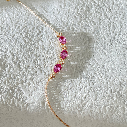 Three stone Pink Sapphire Bracelet clover diamond 18K solid gold SRI LANKA