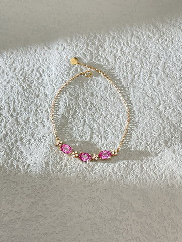 Three stone Pink Sapphire Bracelet clover diamond 18K solid gold SRI LANKA