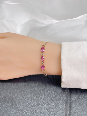 Three stone Pink Sapphire Bracelet clover diamond 18K solid gold SRI LANKA