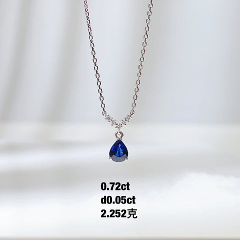 Mini Pear Natural Blue Sapphire V shape Minimalist necklace 18K solid gold with Diamond