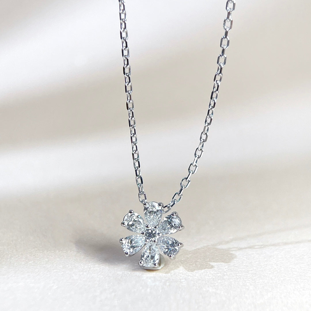 Natural Floral Pear Diamond Necklace In 18K Solid Gold With Certificate