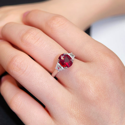 Natural GRS Pigeon Blood Certificate 1.5CT Oval Ruby Three Stone Ring 18K Solid Gold And Diamond