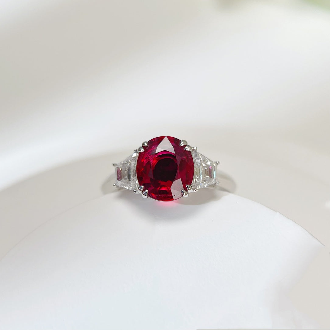 Natural GRS Pigeon Blood Certificate 1.5CT Oval Ruby Three Stone Ring 18K Solid Gold And Diamond