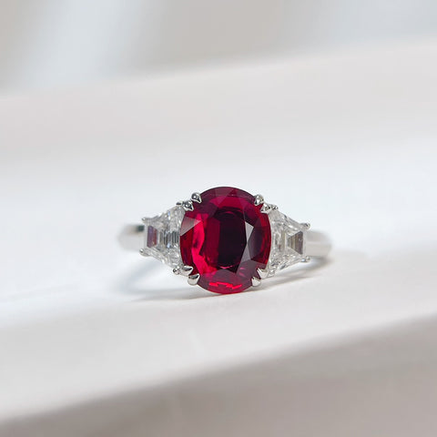 Natural GRS Pigeon Blood Certificate 1.5CT Oval Ruby Three Stone Ring 18K Solid Gold And Diamond