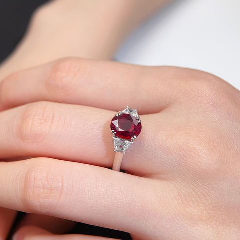 Natural GRS Pigeon Blood Certificate 1.5CT Oval Ruby Three Stone Ring 18K Solid Gold And Diamond