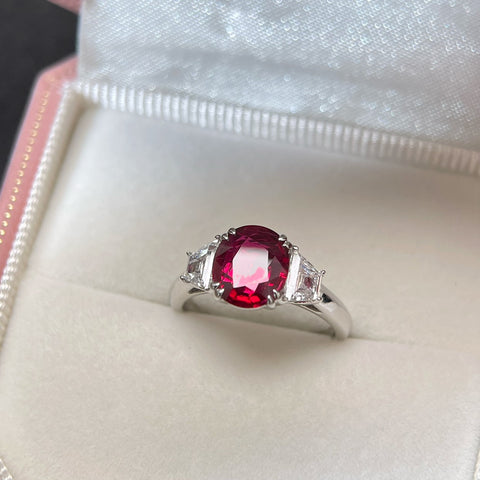 Natural GRS Pigeon Blood Certificate 1.5CT Oval Ruby Three Stone Ring 18K Solid Gold And Diamond