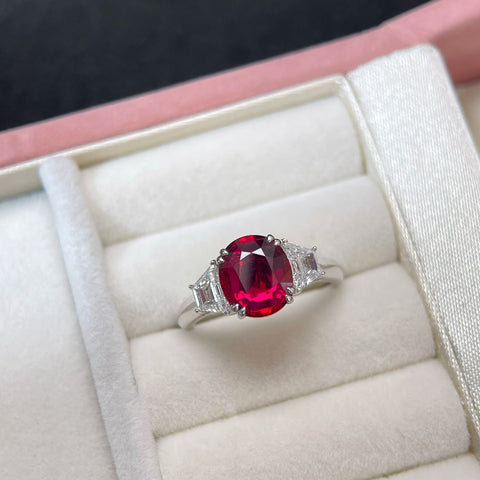 Natural GRS Pigeon Blood Certificate 1.5CT Oval Ruby Three Stone Ring 18K Solid Gold And Diamond