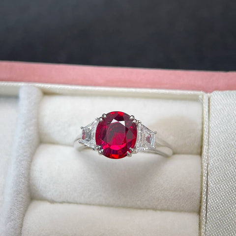Natural GRS Pigeon Blood Certificate 1.5CT Oval Ruby Three Stone Ring 18K Solid Gold And Diamond