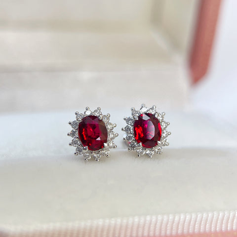 Natural Unheated Ruby Earrings Diana Setting 18K Solid White Gold With Certificate