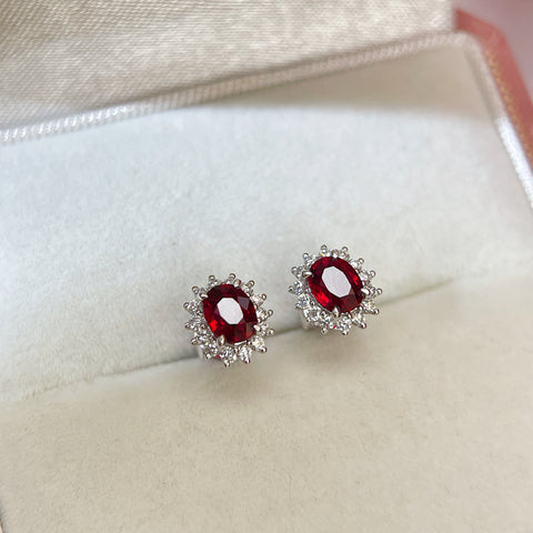Natural Unheated Ruby Earrings Diana Setting 18K Solid White Gold With Certificate