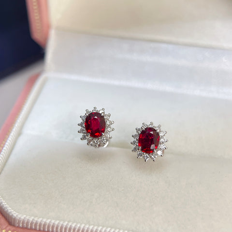 Natural Unheated Ruby Earrings Diana Setting 18K Solid White Gold With Certificate