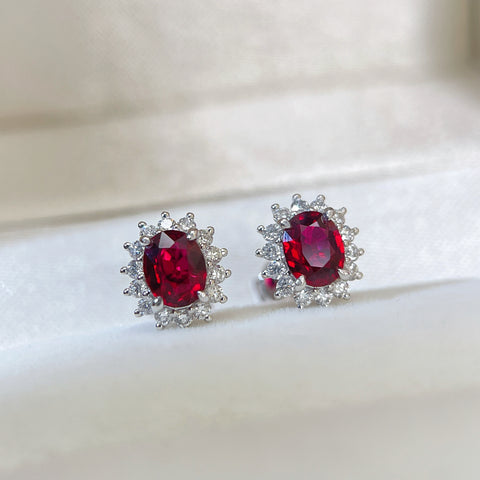 Natural Unheated Ruby Earrings Diana Setting 18K Solid White Gold With Certificate