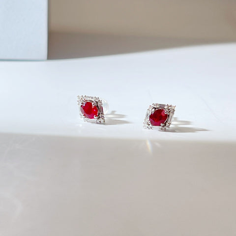Natural Unheated Ruby Classic Diamond Earrings  Setting 18K Solid White Gold