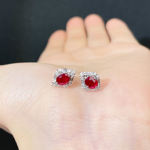 Natural Unheated Ruby Classic Diamond Earrings  Setting 18K Solid White Gold