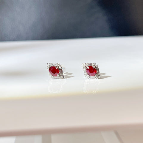 Natural Unheated Ruby Classic Diamond Earrings  Setting 18K Solid White Gold