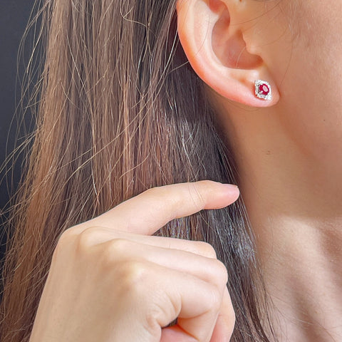 Natural Unheated Ruby Classic Diamond Earrings  Setting 18K Solid White Gold