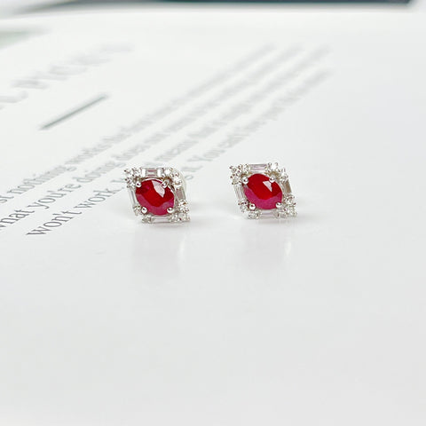 Natural Unheated Ruby Classic Diamond Earrings  Setting 18K Solid White Gold