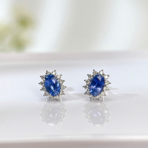 Princess Diana  Blue Sapphire Earrings 18K solid gold and Halo Diamond with Certificate