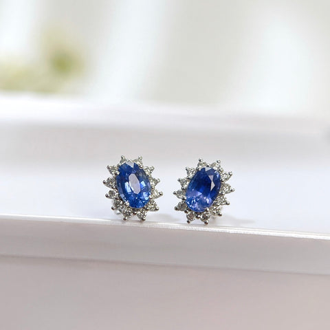 Princess Diana  Blue Sapphire Earrings 18K solid gold and Halo Diamond with Certificate