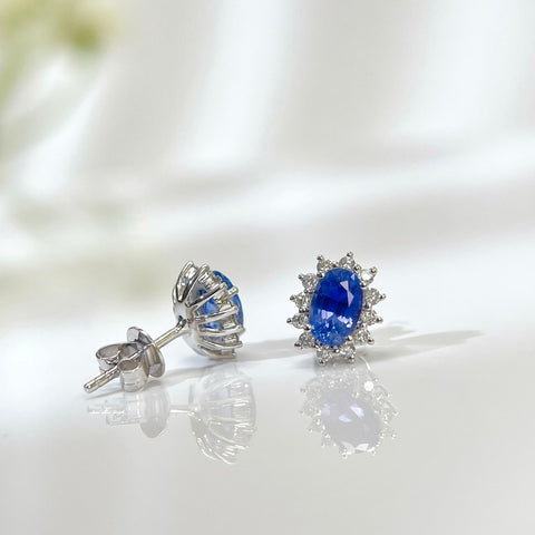 Princess Diana  Blue Sapphire Earrings 18K solid gold and Halo Diamond with Certificate