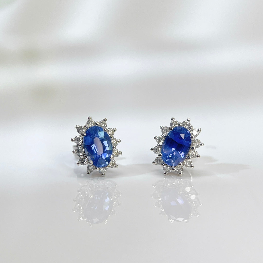 Princess Diana  Blue Sapphire Earrings 18K solid gold and Halo Diamond with Certificate