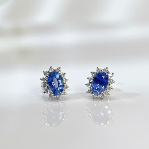 Princess Diana  Blue Sapphire Earrings 18K solid gold and Halo Diamond with Certificate