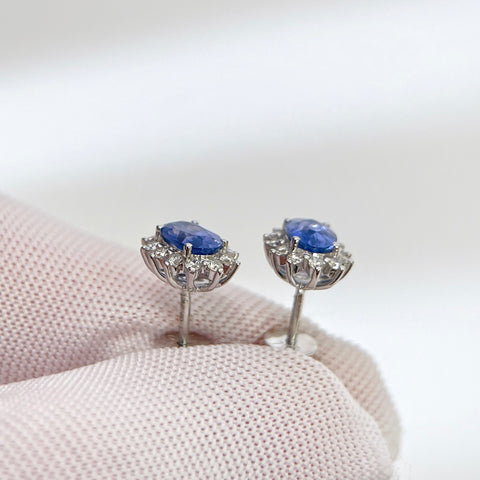 Princess Diana  Blue Sapphire Earrings 18K solid gold and Halo Diamond with Certificate