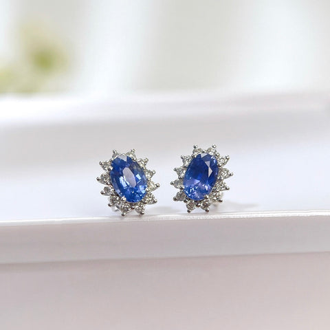 Princess Diana  Blue Sapphire Earrings 18K solid gold and Halo Diamond with Certificate