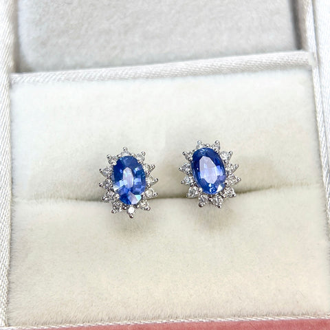Princess Diana  Blue Sapphire Earrings 18K solid gold and Halo Diamond with Certificate