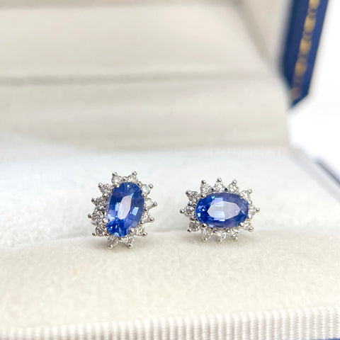 Princess Diana  Blue Sapphire Earrings 18K solid gold and Halo Diamond with Certificate